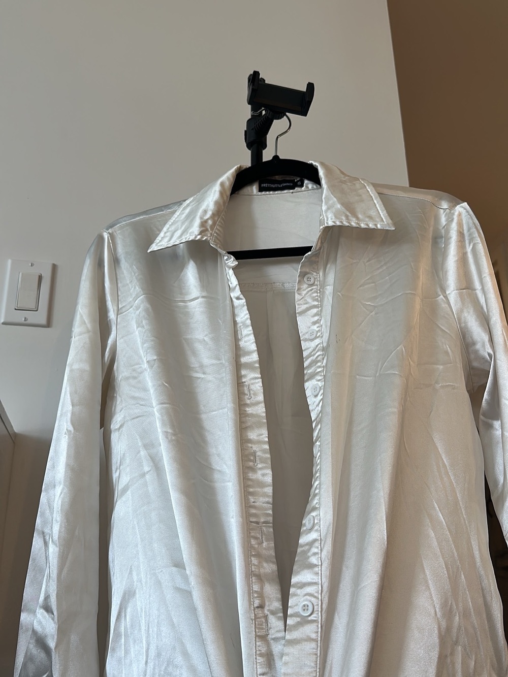 PrettyLittleThing White Satin Button-Down Dress Shirt